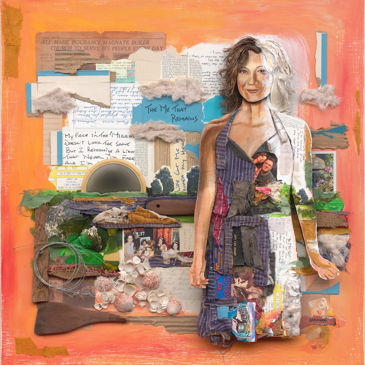 Album Art of Amy Grant's The Me That Remains album - A mixed-media collage that looks to be hung on a orange and red painted wall or maybe canvas. On the right side is a drawing of Amy Grant, most of it colored in, with the right side only a black-and-white rough sketch, but still made up of various scraps of handwritten text and and drawings. Looking closely at her dress, though, you can also see photos of Amy Grant and Vince Gill, a Tennessee state-shaped magnet, and other paper snippets as well as fabric making up the dress. Behind Amy is a landscape also made up of photos, tickets stubs, and other pieces of cloth, wire, sea shells and more. In the middle of the sky there's an aqua blue sheet that has the album title written on it with cloth or foam clouds above and below it.