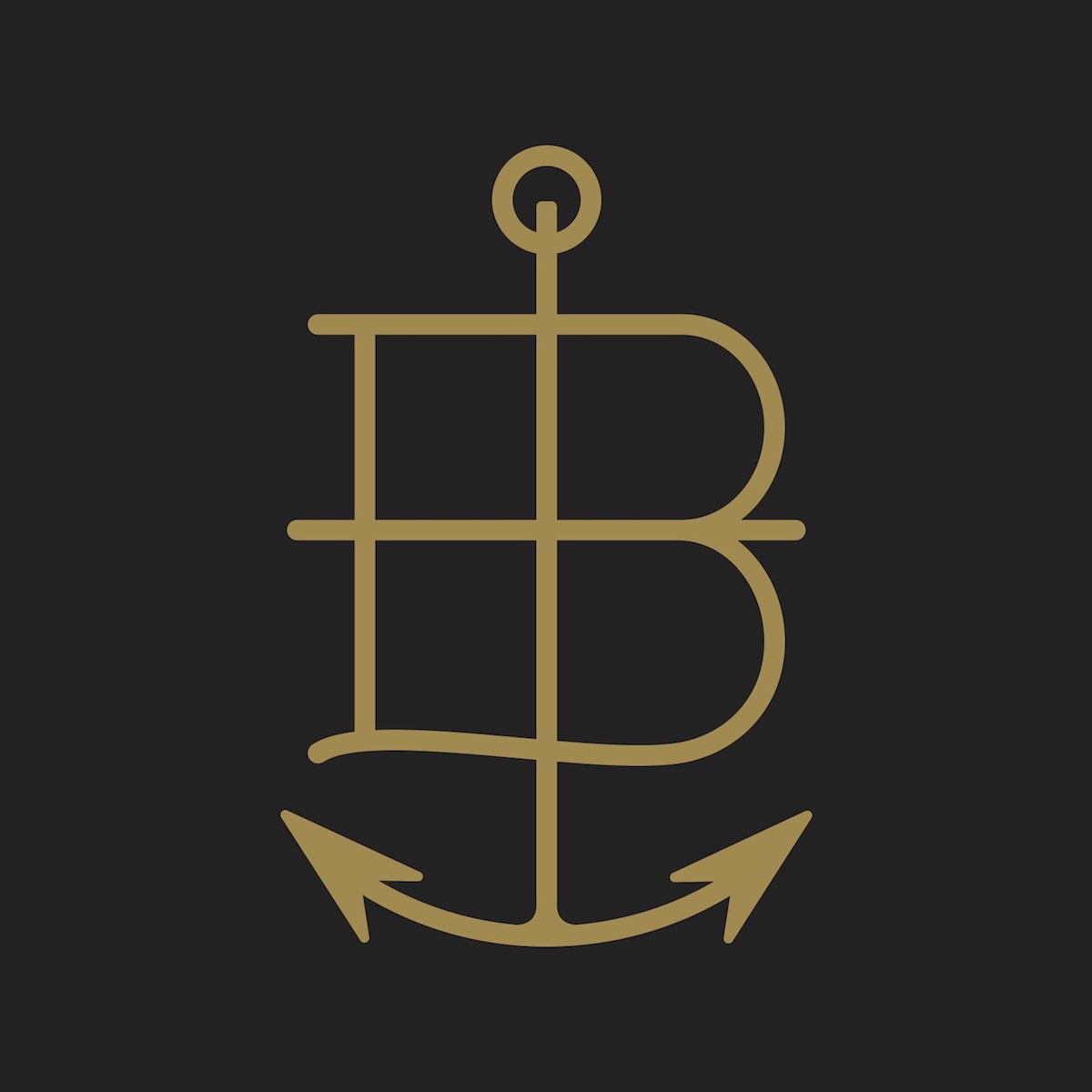 Album Art of Anchor And Braille's Songs For The Late Night Drive Home album - On a solid black background with maybe a tinge of gray in the shade of black, in a light brown is a line art of an anchor with a letter 'B' on on the vertical pole of the anchor. The bottom of the letter 'B' has a bit of a wave to it, and the horizontal part of the 'B' in the middle extends beyond the right and left.