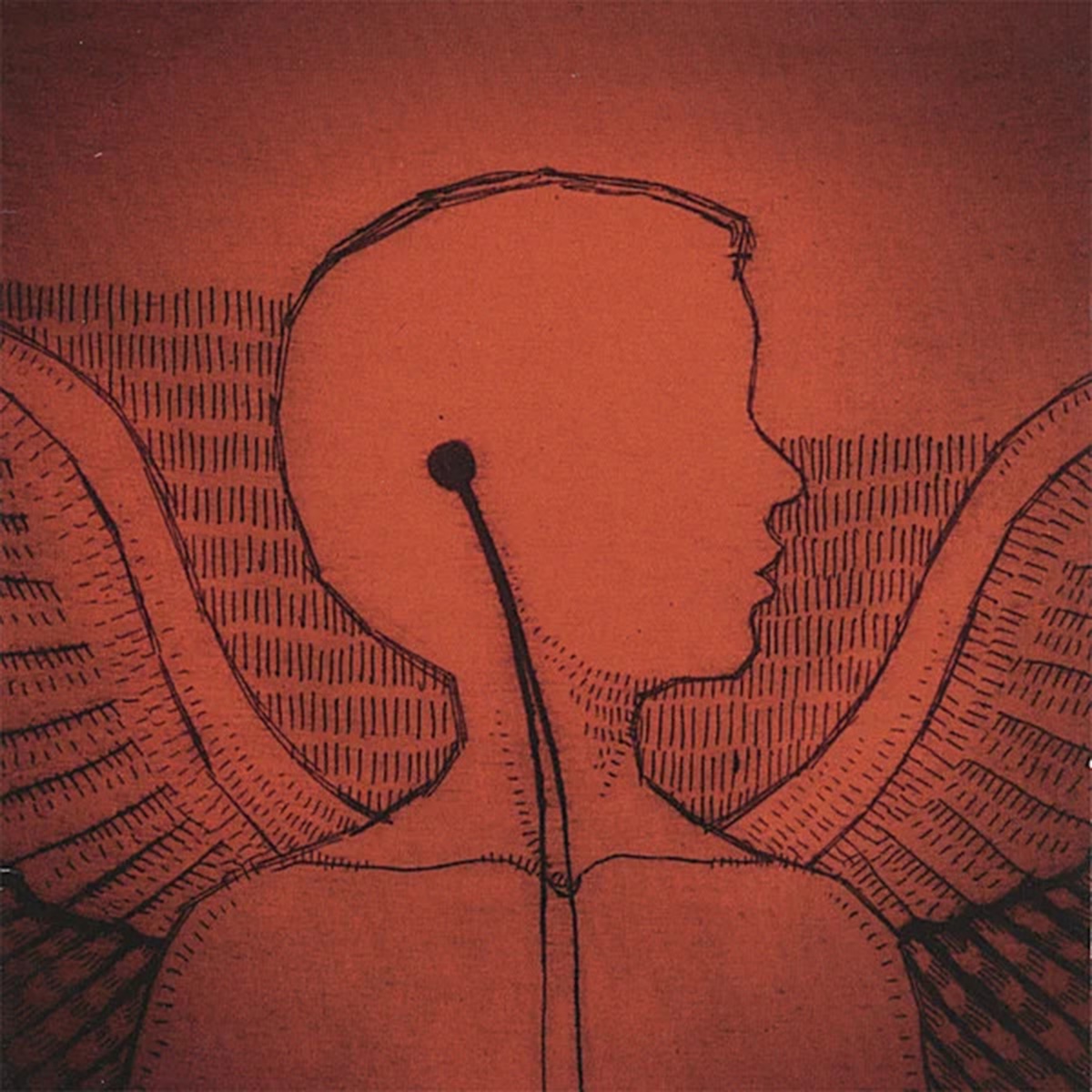 Album Art of Andrew Osenga's The Morning album - On a orange-ish-red background that is brighter in the middle and darker on the edges, a very simple black line drawing of a man from the shoulders up, with a blank face in profile and two wires coming from where his ears should be and stretching down his body. The person has a pair of wings stretched out behind him, and the background's lower areas has small vertical lines making some sort of shadow.