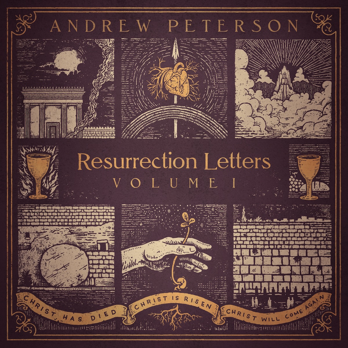Album Art of Andrew Peterson's Resurrection Letters Vol. 1 album - On a dark red background that kinda looks like an old red book cover and has decorative gold lines framing the edge, it says the artist name in gold letters across the top, and in the middle in gold is the album's title. Around the title is a series of illustrations, with the dark red background and the color of white and gold.</body></html>
