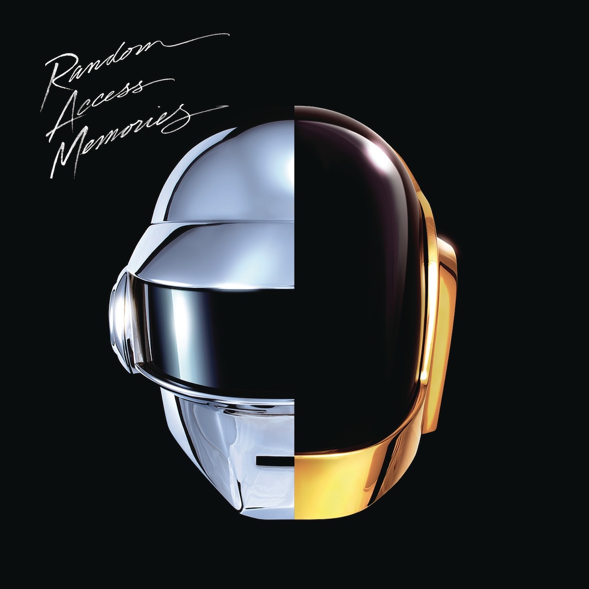 Album Art of Daft Punk's Random Access Memories album - On a black background, in the center is two halves of rounded, novelty helmets. On the left half there's a silver helmet with a slit where the mouth is, and a black glass area stretching across the middle from ear to ear, and the rest is a chrome dome. On the right, there's a gold-colored helmet with a much bigger, curved black glass dome across the whole front except for the chin area. Through neither of these can you see anything about the person inside. In the top left, written in white marker, is the album title in a handwritten cursive script.