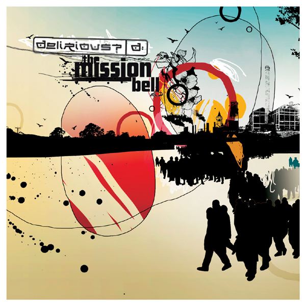 Album Art of Delirious?'s The Mission Bell album - A very detailed collage of different graphics. The top corner is a bright blue, but the bottom left is a golden brown and most of it is a gradient between that. Across the middle is the black silhouette of a walled city with trees on the left and buildings of various types on the right. some industrial and some more public-oriented like a church or office tower. Queued up in the gates to the city are the silhouette of many people. And drawn on top of all this is many circles and lines of various colors, an illustration of a flower, and more. In the top left, in black it has the band's artist name in its rectangular word-mark, and below it the album title in black as well.