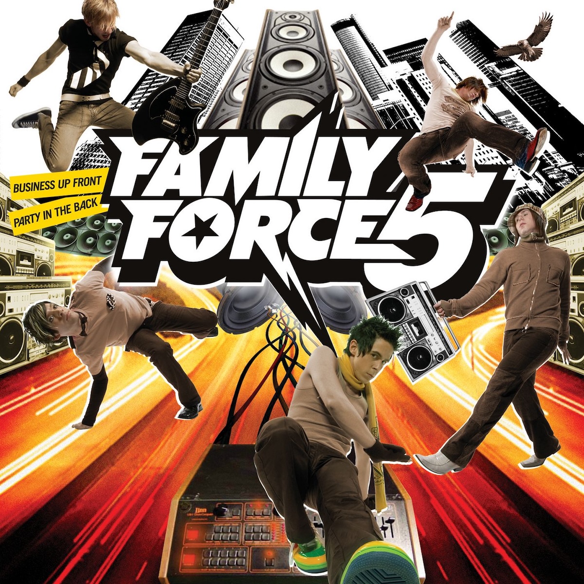 Album Art of Family Force 5's Business Up Front/Party In The Back album - A collage of artwork, with the band name in huge white letters in the middle, a but of the lightning bolts and angles of a metal band in the lettering and the black border. To the left of the band name, it has the album title in a small yellow banners. Behind the band name is lots of speakers, other electronic music equipment, and photos of the 5 band members pasted on top of other things. Behind the speakers at the top are skyscrapers, and below on the bottom is the blurry lights of cars on a freeway.