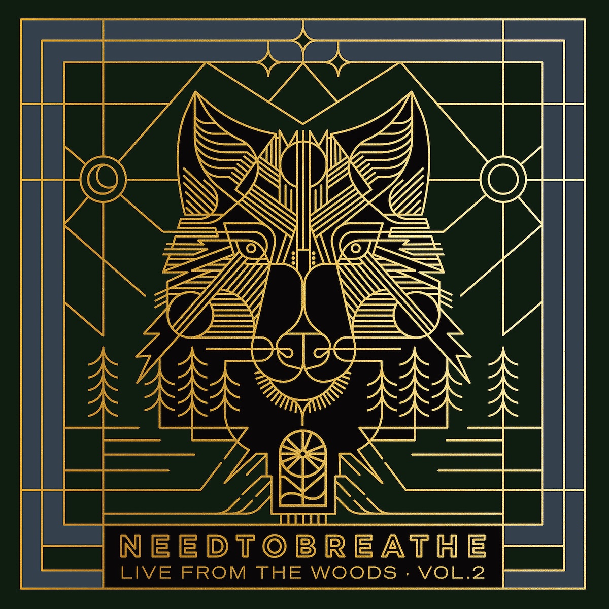 Album Art of Needtobreathe's Live From The Woods Vol. 2 album - On a dark green background, there's a lot of gold lines that make up a design, kinda a form of line art. There's a grey border with gold lines through it, making it a double border. In the middle is a lot of lines making the picture of a wolf, probably, maybe a fox. On each side of that head there's two circles, one the sun and the other the moon, and below the fox is a bunch of trees on each side.</body></html>