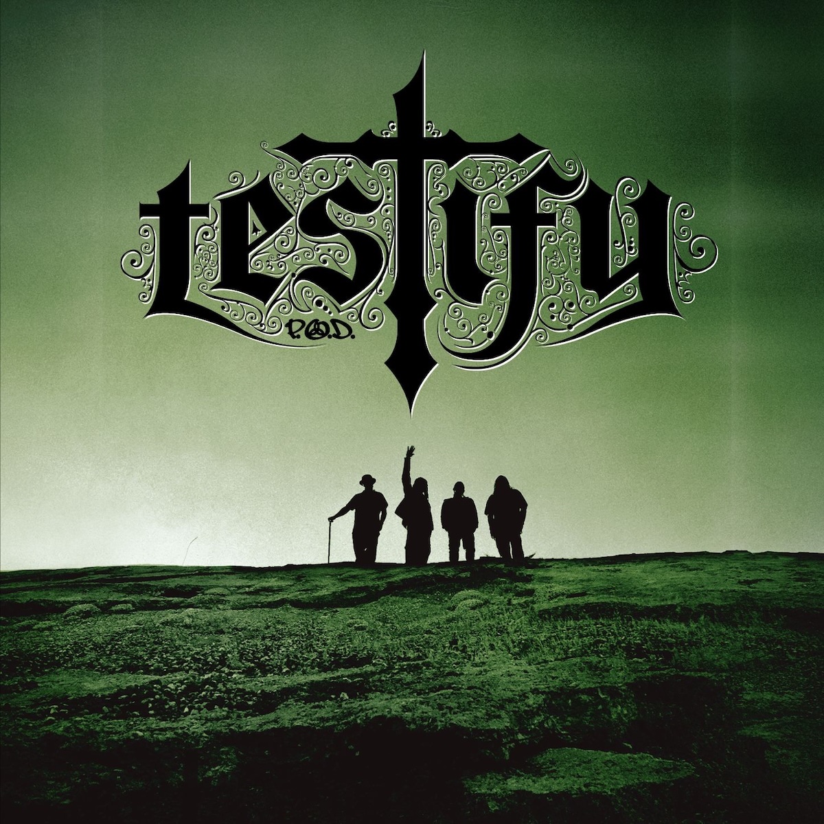 Album Art of P.O.D.'s Testify album - A photo that is completely black, white and green. It shows a green grass in front of a green-hued sky with a light on the left edge of a hill or something where the grass meets the sky. On the edge of the hill is a silhouette of four men, the one on the left with a cane in his right hand, and the one to the left of him with his fist in the air. Above their heads, taking most of the sky area, is the album title in a very decorative black, graffiti-style writing, with the middle 'T' being the shape of a cross. Below the title in much smaller print is the band's 'P.O.D.' word mark with the symbol of the Holy Trinity in the middle of the 'O'.