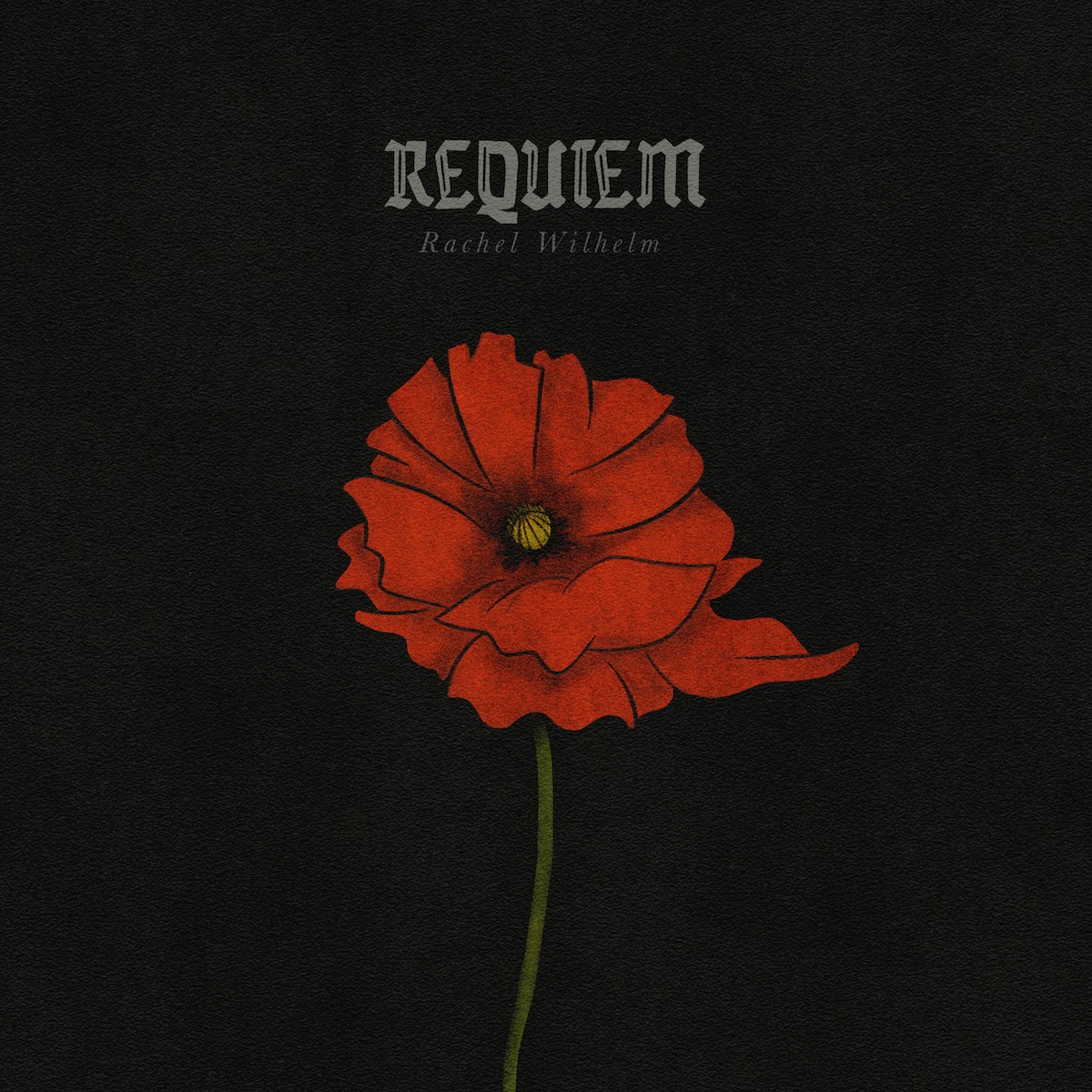 Album Art of Rachel Wilhelm's Requiem album - A beautiful, hand-drawn illustration of a red flower with large, red petals and small, yellow cone on top of the green stem. It's on a black background, and above the flower is the artist name in small, silver print. Above her name in much larger text is the album name in the same silver grey color.
