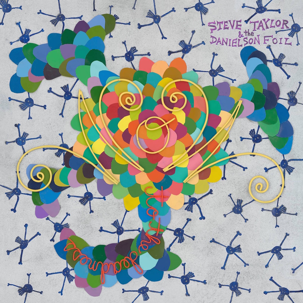 Album Art of Steve Taylor and The Danielson Foil's Wow To The Deadness EP - On a grey backgrounnd, a bunch of four-legged bug drawings are in blue. On top of them, a pile of colored dots of various colors are present, and printed on top of them in a yellow script is 'WOW' in a thin yellow script, where the 'wow' is in the center and the 'O' is a heart shape. Below it in a red script is 'to the deadness'. In the top right, it says 'Steve Taylor and the Danielson Foil' in a small purple print.