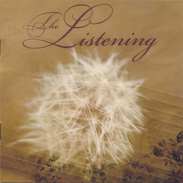 Album Art of The Listening's self-titled album - A photo of a golden-hued sheet of lined paper with what looks to be illustrations of flowers drawn on the bottom edges of the photo. In the middle, a bunch of white, fuzzy lines are piled on top of each other. Above that, in a flowing script font is printed the band's name.