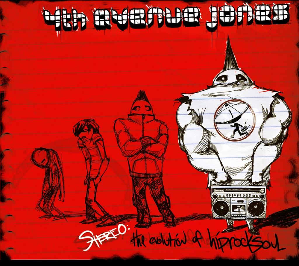 Album Art of 4th Avenue Jones's Stereo album - A drawing that is red in the background, with the lines and rings of a notebook look across it. At the top, the band name is written in a very blocky font. At the bottom, hand-written is the word 'Stereo' in white, with 'the evolution of Hiprocksoul' scribbled in black next to it.</body></html>