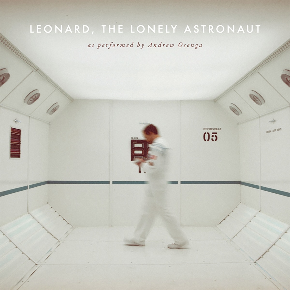 Album Art of Andrew Osenga's Leonard, The Lonely Astronaut album - A photo of a young, white man in a white room with what looks like metal walls, the ones on the left and right tapering in at the top and bottom. There's a dark grey line around waist height. The man is wearing what looks like a white space suit or something, and is moving quickly from right to left across the frame so he is blurry while the rest is in focus. There are a few panels on the wall and air vents/fans on the edges of the ceiling.</body></html>