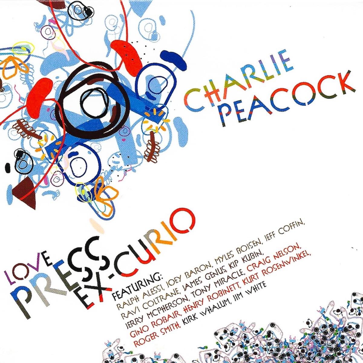 Album Art of Charlie Peacock's Love Press Ex-Curio album - In the top left, some sort of colorful line drawing is happening. Many imperfect circles of blue, black, orange and red intersect and I can't tell what it's supposed to be. Maybe people making music on instruments in a very abstract way? To the right of that, in multi-colored letters in a slightly odd font, is the artist's name.</body></html>