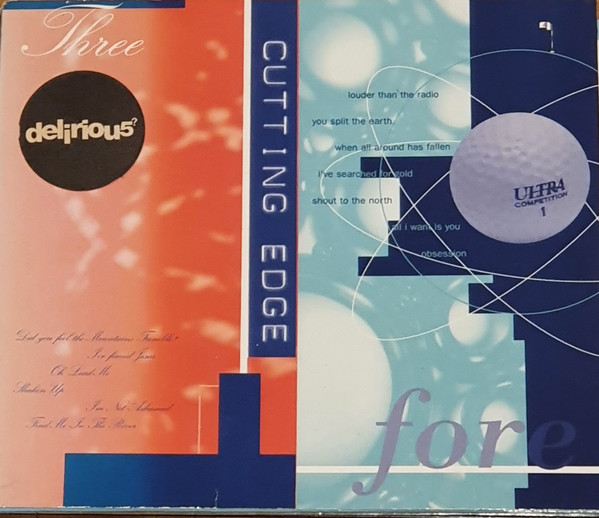 Album Art of delirious?'s Cutting Edge 3 and Fore album - The left half is an orange color, with some blocks of dark blue on the edges. There's a black circle in on the left that has the band name in it, and the words 'Three' written in white in a scripty font above that. Down the middle, in a dark blue box, it has 'Cutting Edge' in a font that looks like it's printed by a labeler machine. On the right, the color is mostly a light aqua blue with white spheres in it, plus a bunch more dark blue boxes. In the dark blue area there's a photo of a golf ball with a much smaller tee and flag photo towards the top. The golf ball has lines encircling it like it's a nucleus of an atom. At the bottom in a serif font in gray it says 'fore'.