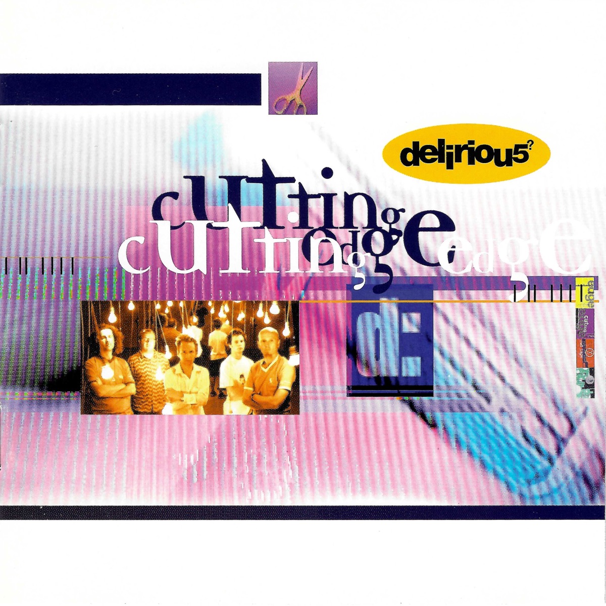 Album Art of delirious?'s Cutting Edge album - The top and bottom and most of the background is white. Interlaced into the background are pictures of a scissors and a shaver in verital lines, somewhat blended into the white at the top. In the top middle, there's also a small photo of a scissors. There's print that says the album title in black, and then white slightly below and over it.</body></html>