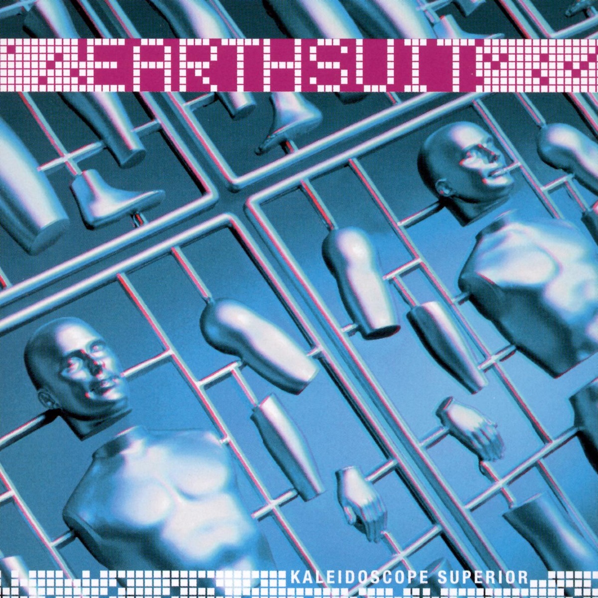 Album Art of Earthsuit's Kaleidoscope Superior album - A photo of blue plastic man parts just after they came out of a mold on a blue background, such that they are still in the square bits with the small bits of plastic connecting each piece to the others. They are blue on a blue background. Printed above the photo on the top is the band name in LED-style blocks making up the words, with random blocks lit up on each side of the word in a deep pink.</body></html>