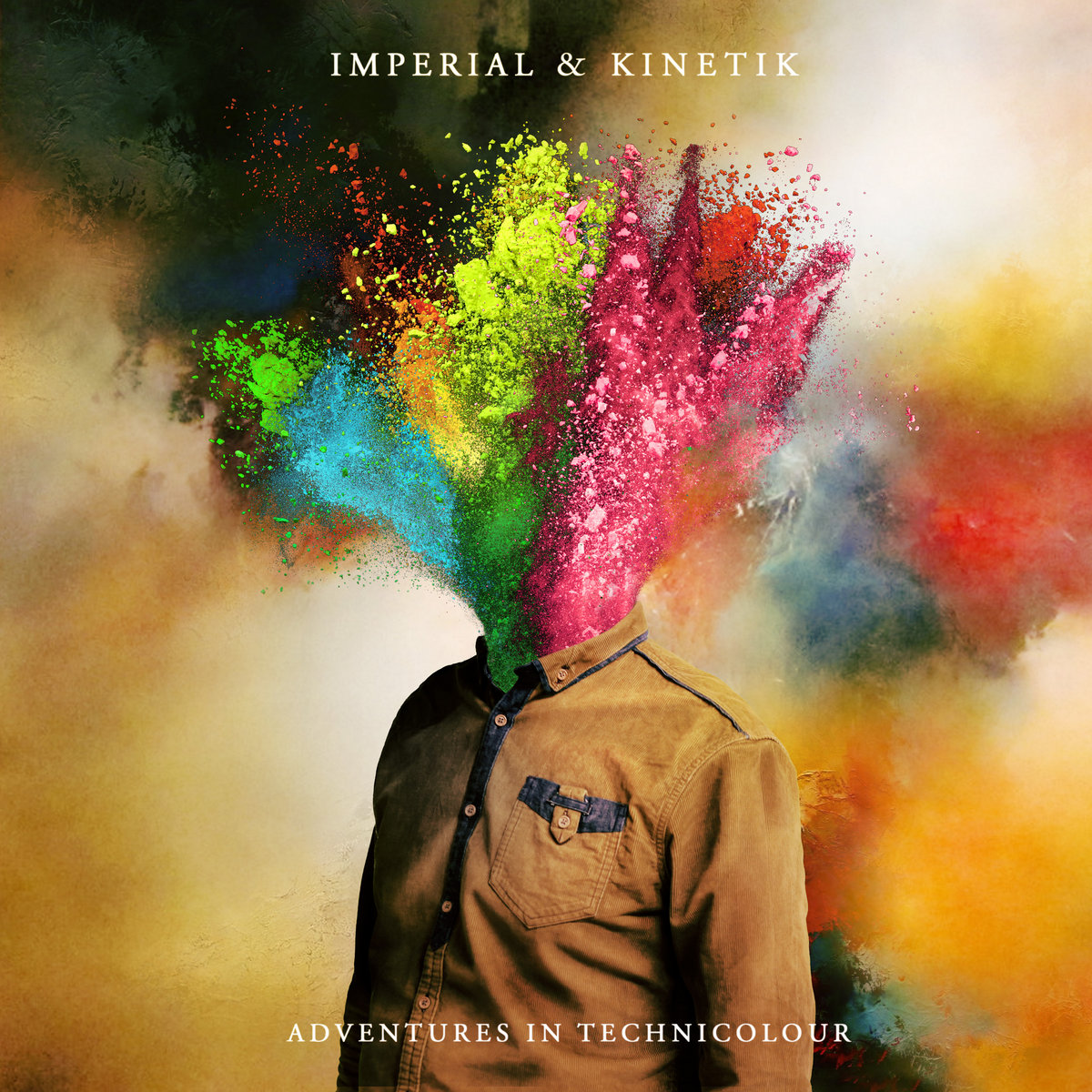 Album Art of Imperial and Kinetik's Adventures In Technicolour album - A photo from the waist up of what looks like the body of a man in a collared shirt, but where his head should be, it's just a bunch of brightly colored dirt or other small particles bursting out of the neck area of the shirt. The colors are green and blue on the left, orange and neon green in the middle, and bright pink and red on the right. In the background, some clouds of various colors can also be seen.</body></html>