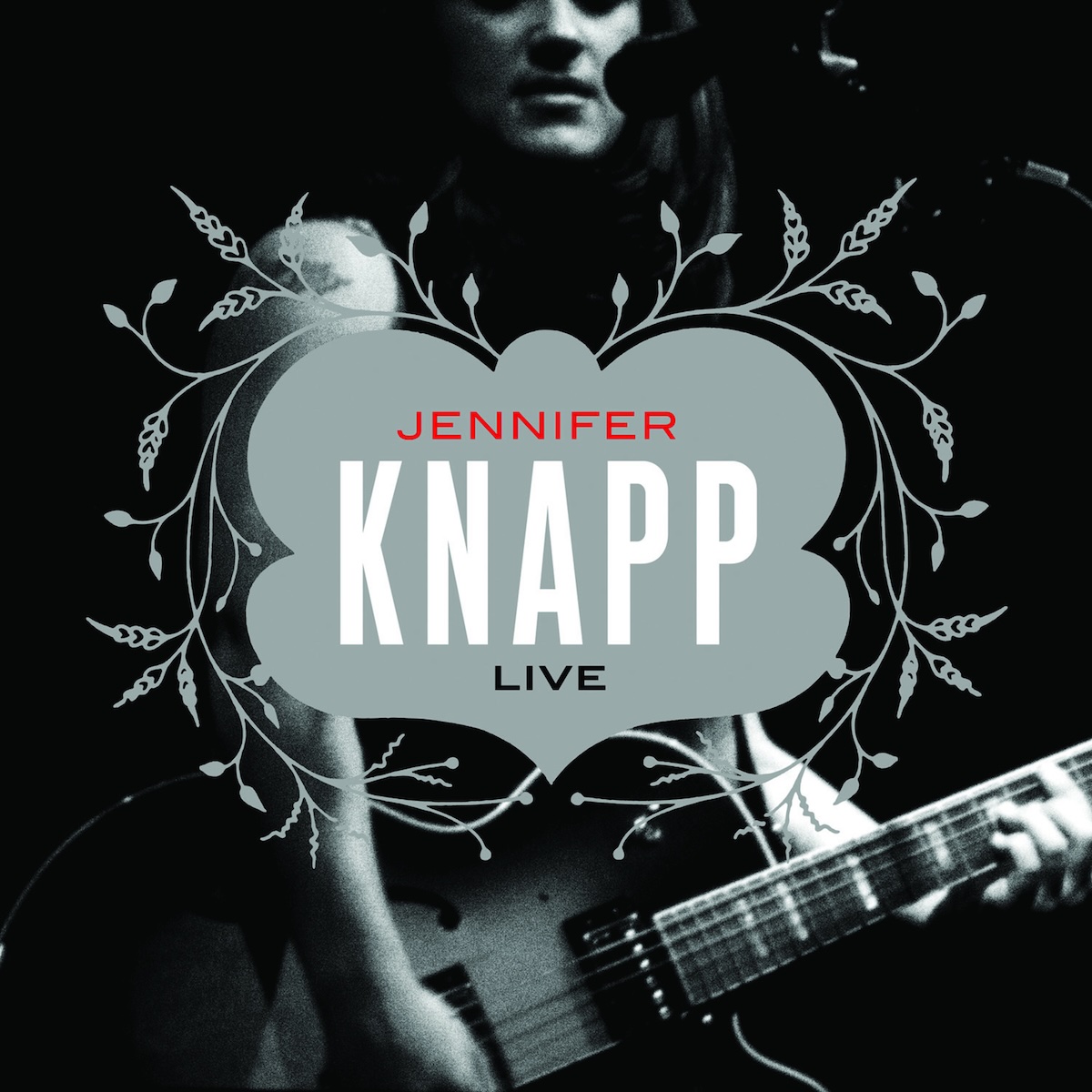 Album Art of Jennifer Knapp's Live album - A black and white photo of a woman in a dark room lit by some stage lights. Her face is right at the top in the middle, cut off at the eyes, and the bottom shows her holding an electric guitar while playing. She's also facing towards a microphone. In the center area, above the photo, is a gray, vaguely butterfly-shaped area that has 'Knapp' in big white letters, with 'Jennifer' in much smaller red letters above. And below her name is 'Live' in smaller black letters.</body></html>