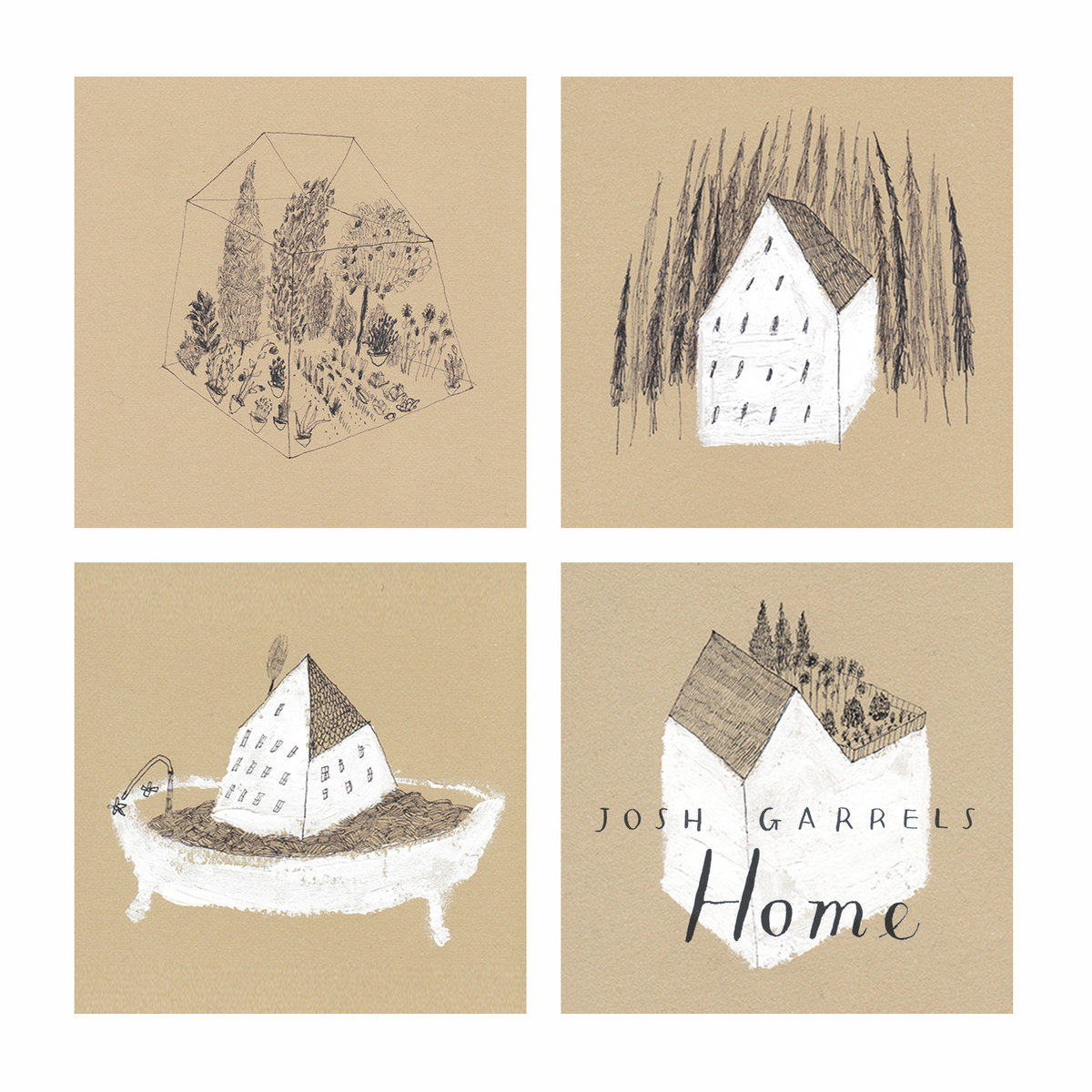 Album Art of Josh Garrels's Home album - On a white background, there are four drawings set into light brown squares. The top left has a crude drawing of a structure's corners with of various sizes, a garden growing inside of it in just black pencil. The top right is a picture of a house of a white color with many small lines that are windows on the closest side, that is surrounded by tall, thin trees on three sides.</body></html>