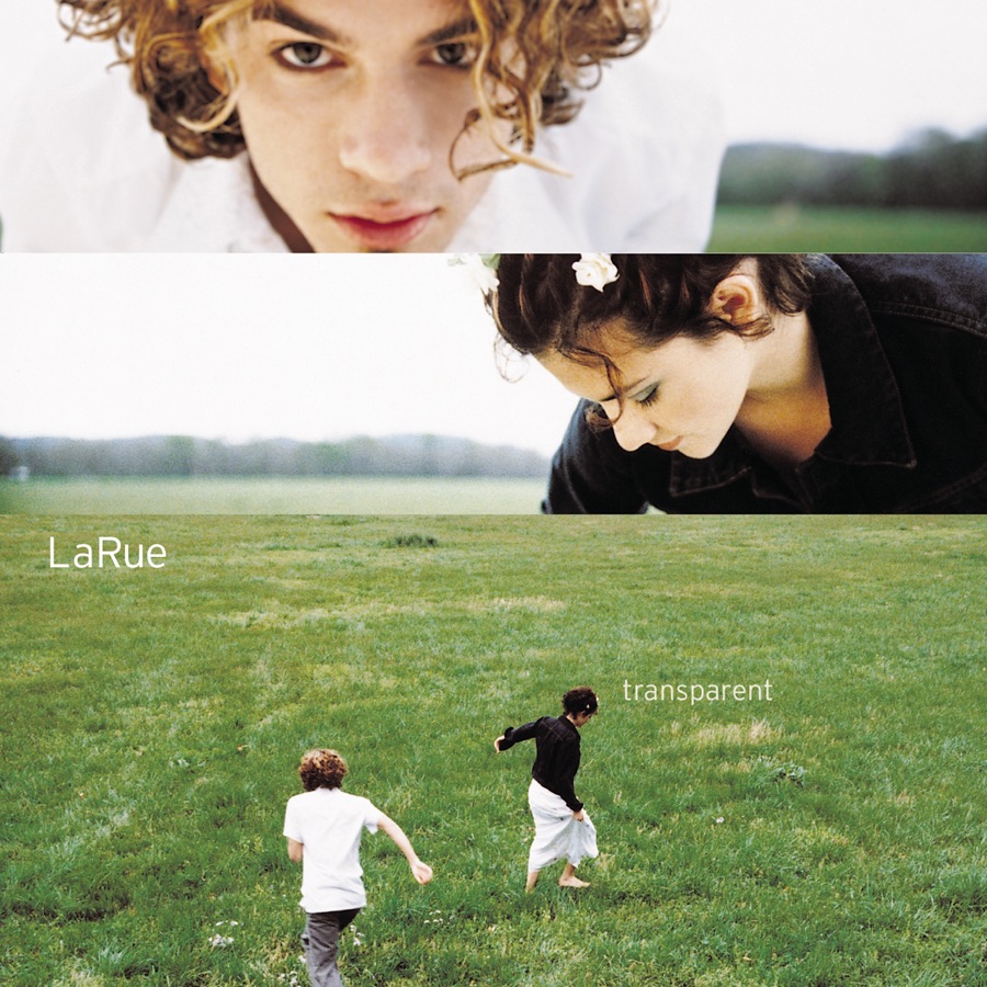 Album Art of LaRue's Transparent album - A series of 3 photos. The first photo, taking up the top quarter of the area, is a close up of a young man looking into the camera while leaning over, such that his white T-shirt can be seen behind his face and curly blond-brown hair and in front of the cloudy, diffuse sky and the field beyond. The second photo, talking up the second quarter vertically, is of a young woman wearing a black jacket and with brown hair pinned behind her head and a white flower in her hair.</body></html>