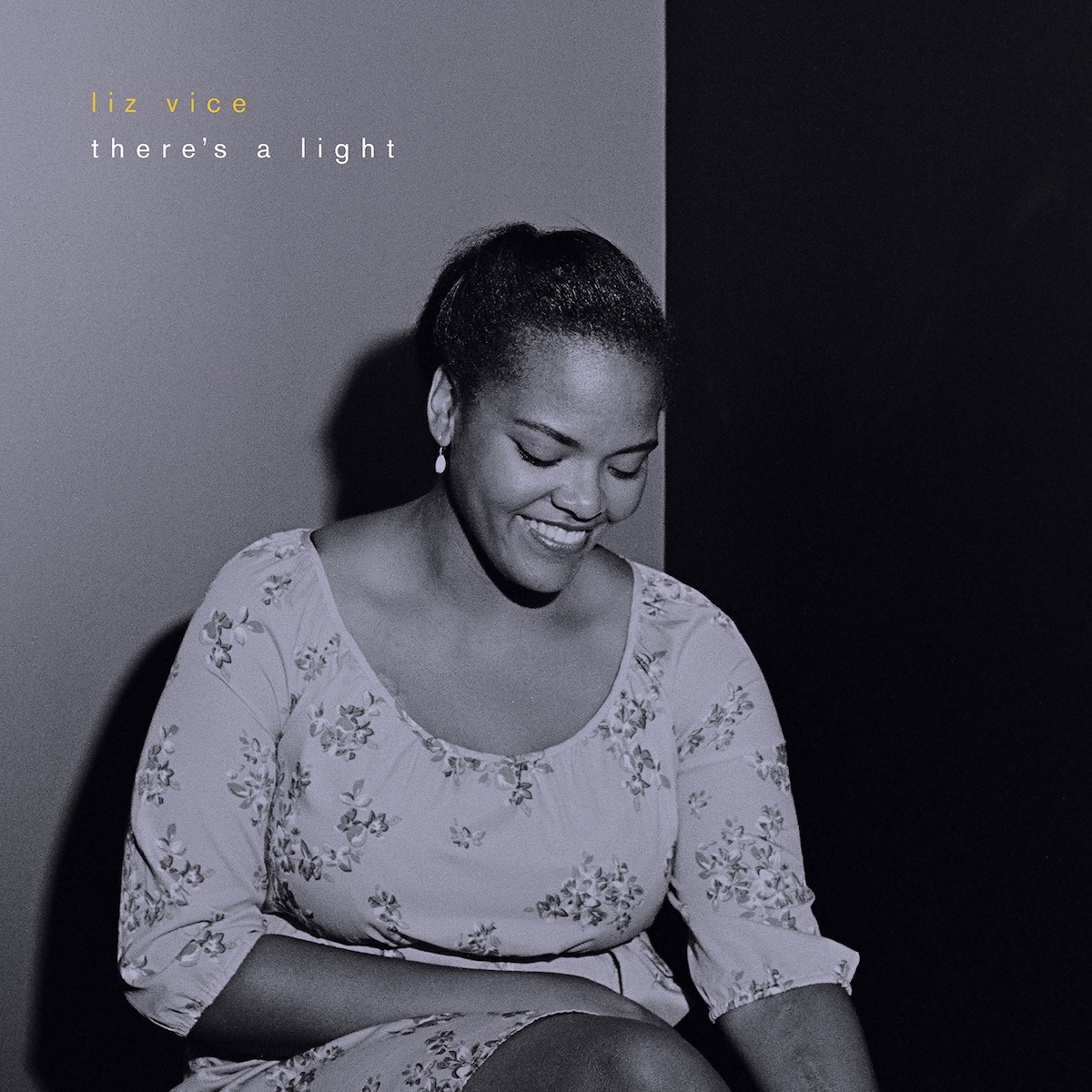 Album Art of Liz Vice's There's A Light album - A black-and-white photo of a woman sitting in a chair with a bright light hitting her from her front, off to the right and behind the camera. There's a grey background behind her, and off to the right it's just black, with a shadow of her body on the grey background. She's wearing a dress with a flower print and has has her hair pulled back behind her head. She is looking down towards her lap and has a big, toothy smile.</body></html>