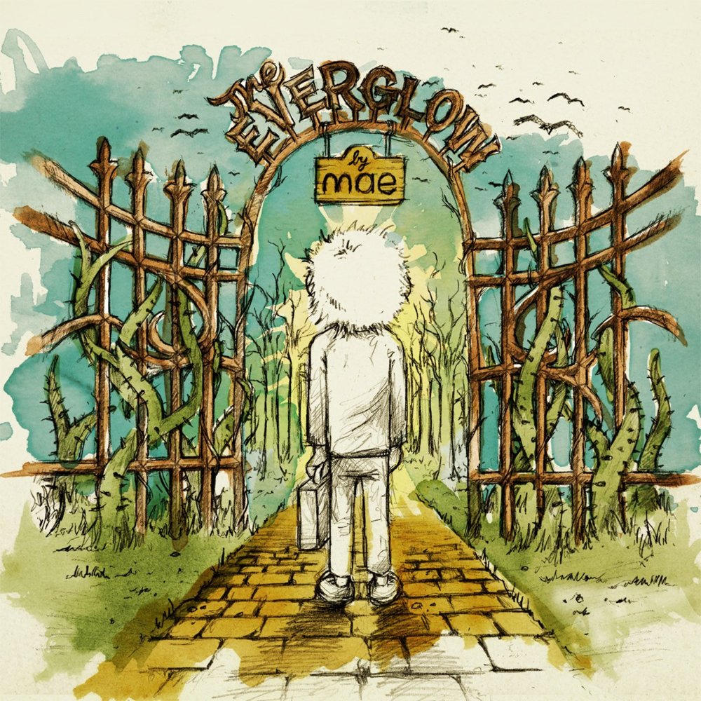 Album Art of Mae's The Everglow album - A drawing of a forest behind a metal fence with vines growing over it. In the middle, there's a path with a an open gate and a man with a suitcase is standing looking into the gate, and there is a bit of a glow from the forest behind him. The colors may be painted with watercolors or something, because the edges are not fully colored out of the grass, the path, the sky. The man in the middle also is black-and-white only, not in color.</body></html>