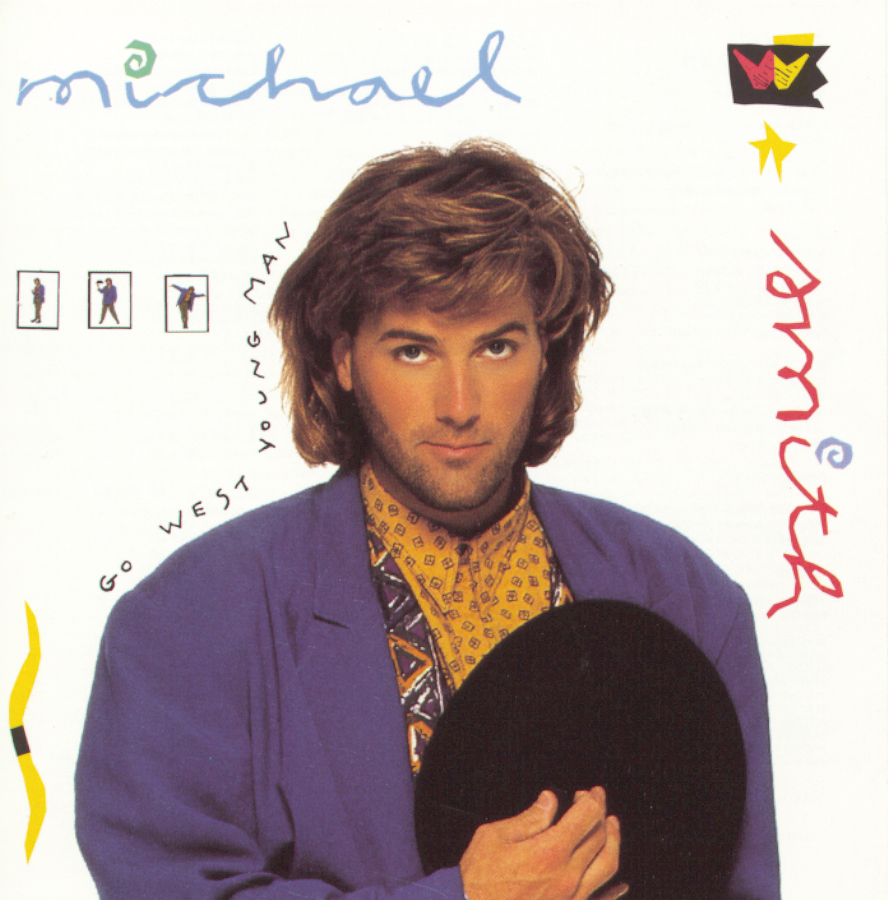 Album Art of Michael W. Smith's Go West Young Man album - On a white background, a photo of a white man with lots of brown hair is pictured in a bright blue suit with a golden shirt underneath and holding a black hat over his heart. He's looking way up. On the white background is written across the top his first name in a blue handwritten cursive, and along the right vertically in red is his last name. In the top right corner is a drawing that looks like his middle initial, 'w'.</body></html>