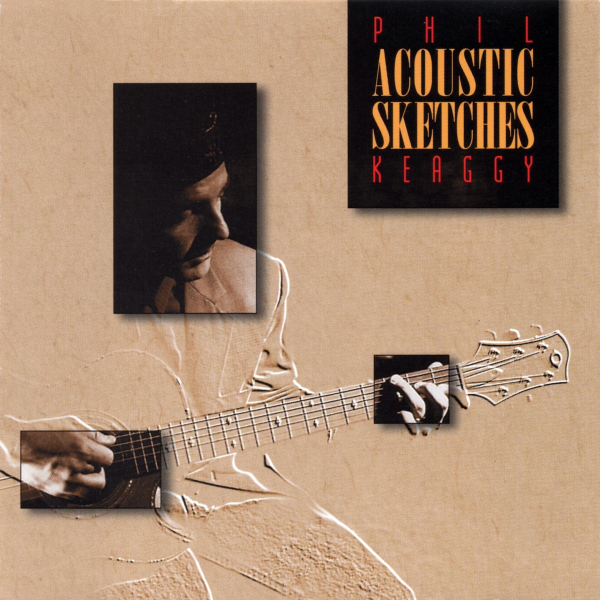 Album Art of Phil Keaggy's Acoustic Sketches album - The artwork is based on a black-and-white photo of Phil Keaggy playing an acoustic guitar. The original picture is shown in the area of his face and both left and right hands. But the rest of the photo is altered to be a light brown background, and what looks like the edges of the whole photo of him playing is embossed in the brown.</body></html>