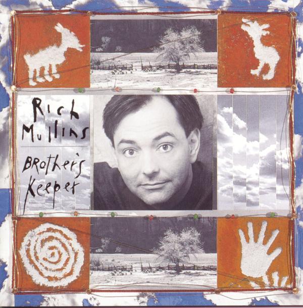 Album Art of Rich Mullins's Brother's Keeper album - The border around the edge seems to be a repeating photo of clouds on a blue sky. Inside that, it looks like a mixed media piece, with what looks like wires connecting various lights inside that border and between the vertical portions inside the border. The top third has red paint in the left and right, with what looks like the outlines of a dog painted on each side.</body></html>