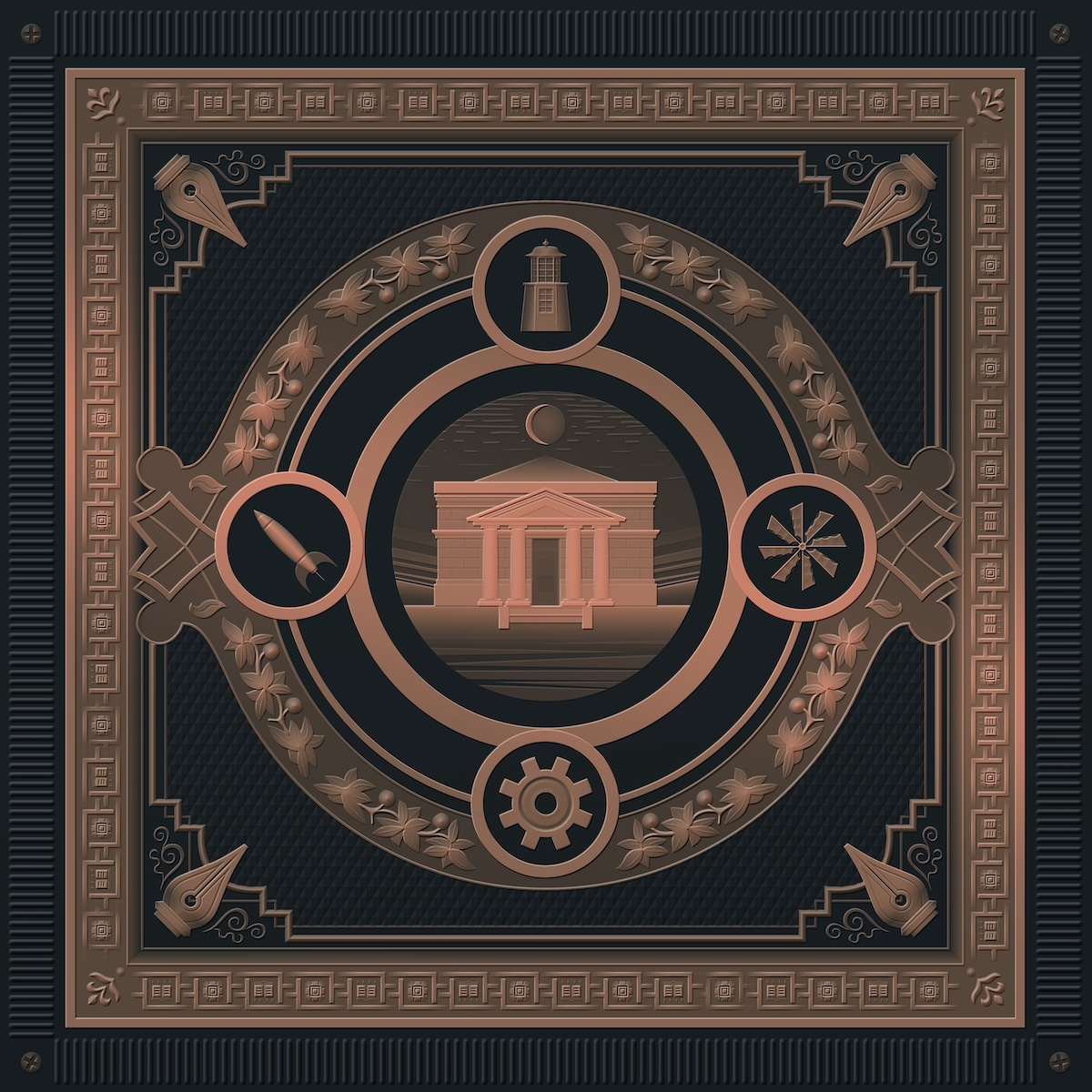 Album Art of Robyn Miller's Myst Soundtrack album - On the outside, a series of a few frames, first one dark green and the next one looks like a copper color with lines and squares. Inside of that, in each of the four corners, there's a metal tip of a fountain pen with some flourishes around them, and inside that a copper-colored circle. In the middle is a copper and black/green design of a library building with columns around the front door and a sliver of a moon above the building.</body></html>