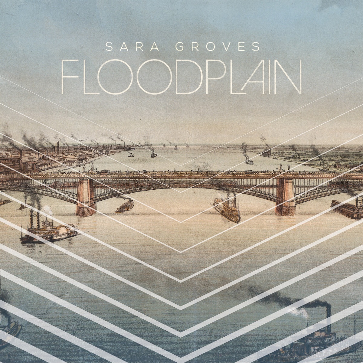 Album Art of Sara Groves's Floodplain album - Across the middle, an illustration of a river with a city on the left side and fields on the other, with a large double-decker steel bridge going across the river. The river is very wide and it looks like it is flooding the city and fields on both sides, though buildings can be seen in the water on both sides. Up and down the river are riverboats with their steaming smokestacks, and many buildings also have smoke coming from their chimneys.</body></html>