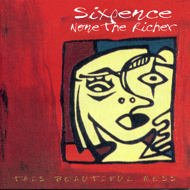 Album Art of Sixpence None The Richer's This Beautiful Mess album - A painting that is mostly a red background with a bit darker red on the left side. To the right 3/5ths of the artwork, a rough black square is painted and inside is a very modern painting of a person with hair down to the neck on the sides. The person is all a light yellow and has black lines outlining the eyes, nose and mouth. The features are a bit out of proportion and the lines connect in unexpected ways.</body></html>