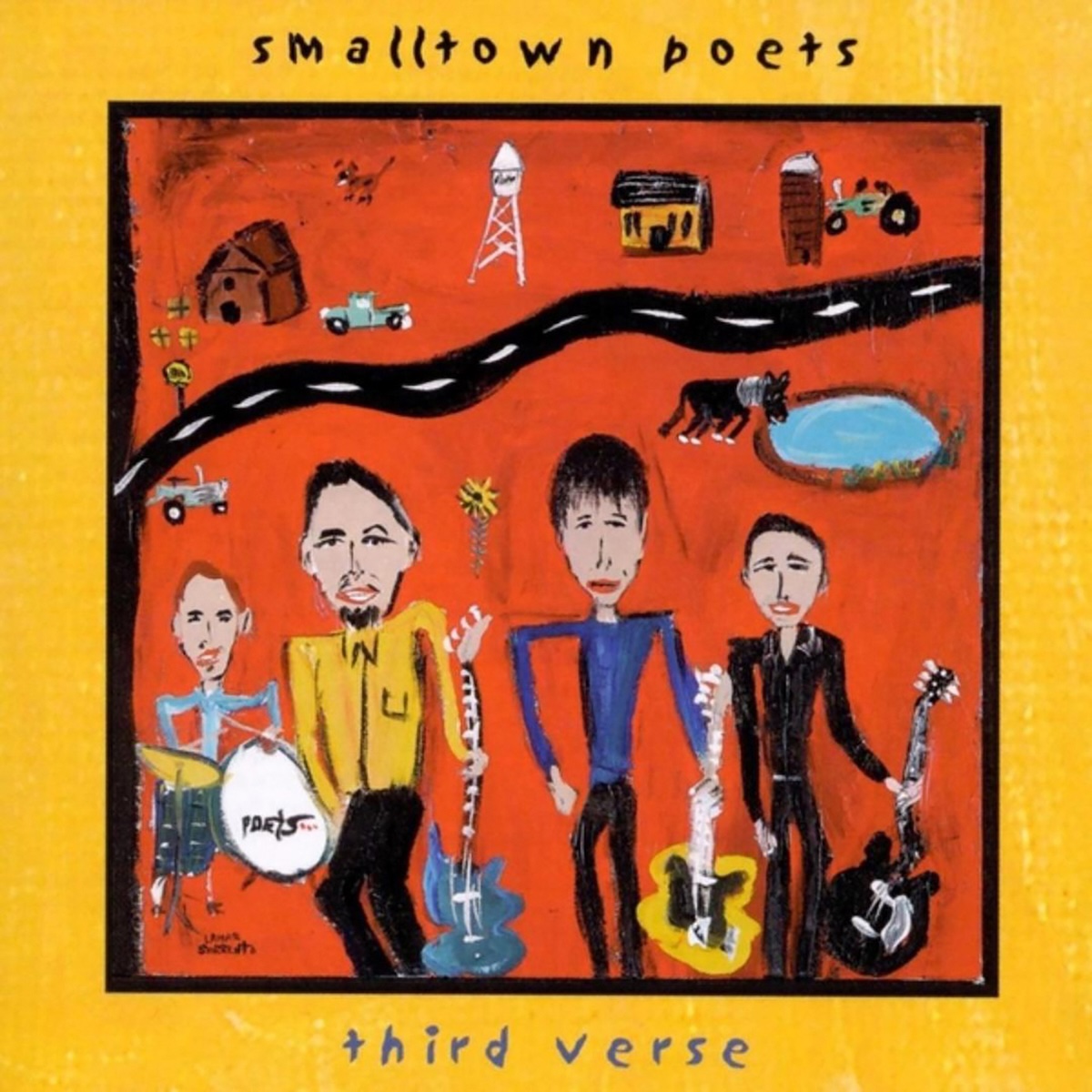Album Art of Smalltown Poets's Third Verse album - On a red background, a simple drawing of four men in a rock band in the front with a road, a few small town buildings, and a pond with a horse are in the background above them. The illustration could have been done by a child or maybe just someone who has not practiced their art craft well, but it's colorful and unique. Around the drawing is a small back border and then a wide yellowish-gold frame, in which on the top is printed the band's name and the bottom the album title in a hand-drawn-style font.