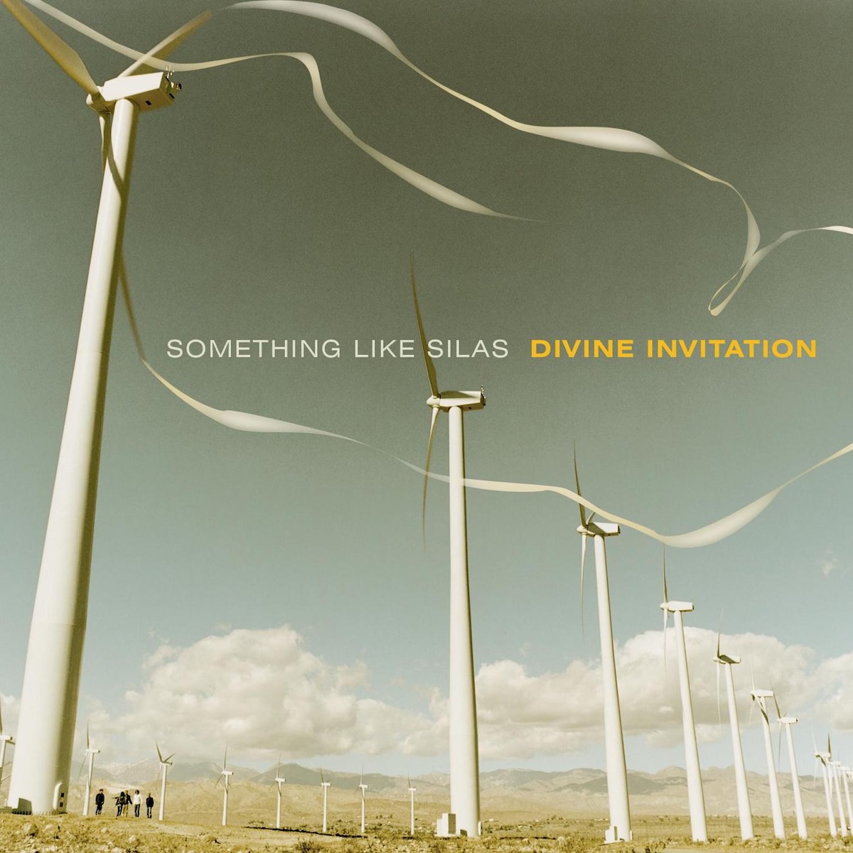 Album Art of Something Like Silas's Divine invitation album - A photo of a clear blue sky with a green tint and clouds along eh horizon. In the foreground, on the ground are rows of wind turbines stretching high into the sky. The closest wind turbine on the front left has digitally added white ribbon-like things extending from the ends of the turbine blades and they are looking as if they are flapping in the wind.</body></html>