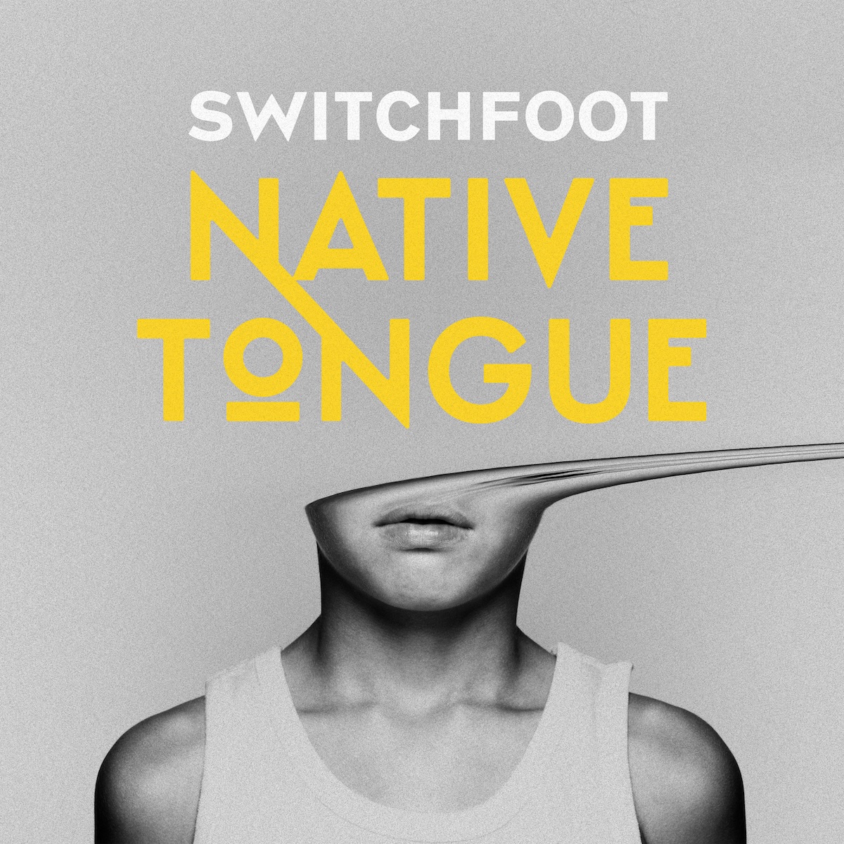 Album Art of Switchfoot's Native Tongue album - On a gray background with some black and white noise like an old TV set, the shoulders and head of a woman in black and white is visible from the bottom. Just above their mouth, the rest of their head is flattened and stretched off to the right of the picture so you can't really see their eyes, hair or nose, just a curved compressed swoosh off the visible area.</body></html>