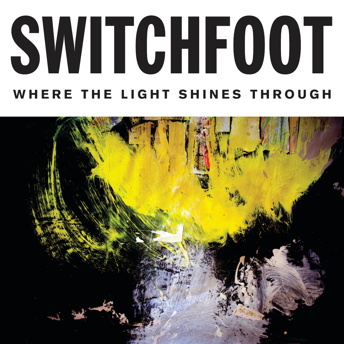 Album Art of Switchfoot's Where The Light Shines Through album - The bottom three fifths is a painting of mostly black paint on a canvas, with large amounts of golden yellow on the top, maybe trying to resemble a sky, and then below it is a pink with bits of blue in a few swatches. It looks like this may be painted on top of some other painting. In the middle of it, a few white spots that may be the canvas and its paint being ripped off of the painting.</body></html>