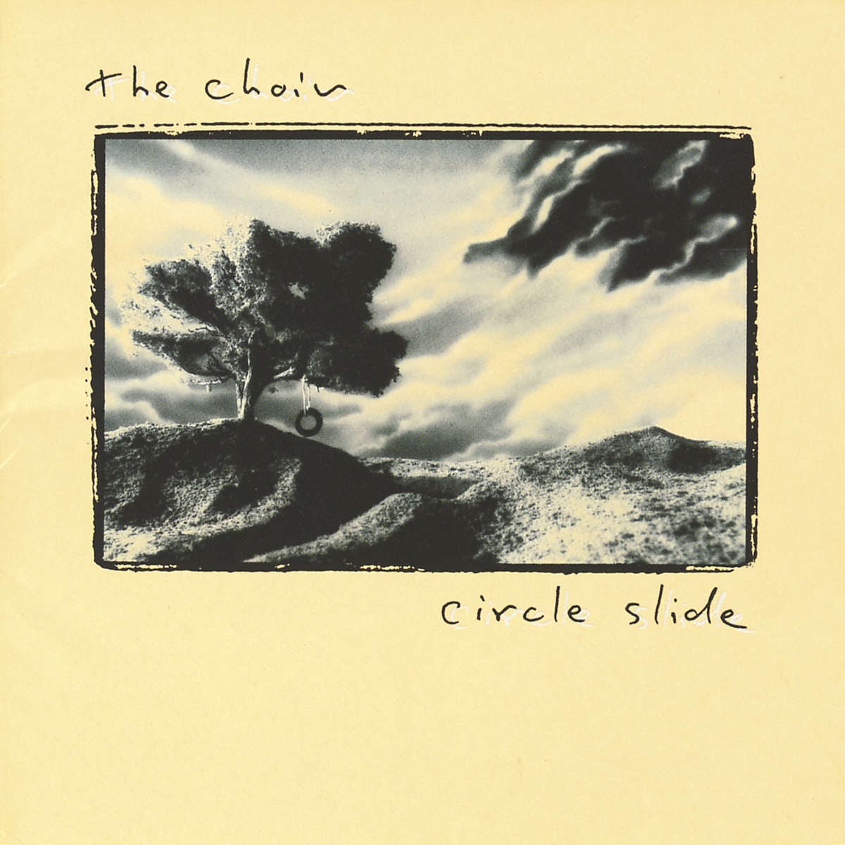 Album Art of The Choir's Circle Slide album - On a pastel yellow/gold background, a black-and-white illustration of a landscape is somewhat center but nearer to the top, a horizontally-bigger rectangle with a black border. The illustration has a grassy, rolling hills with on the left side, one tree on the top of a hill. The tree has a lot of branches and a lot of mass, and out of one branch is a tire swing.</body></html>