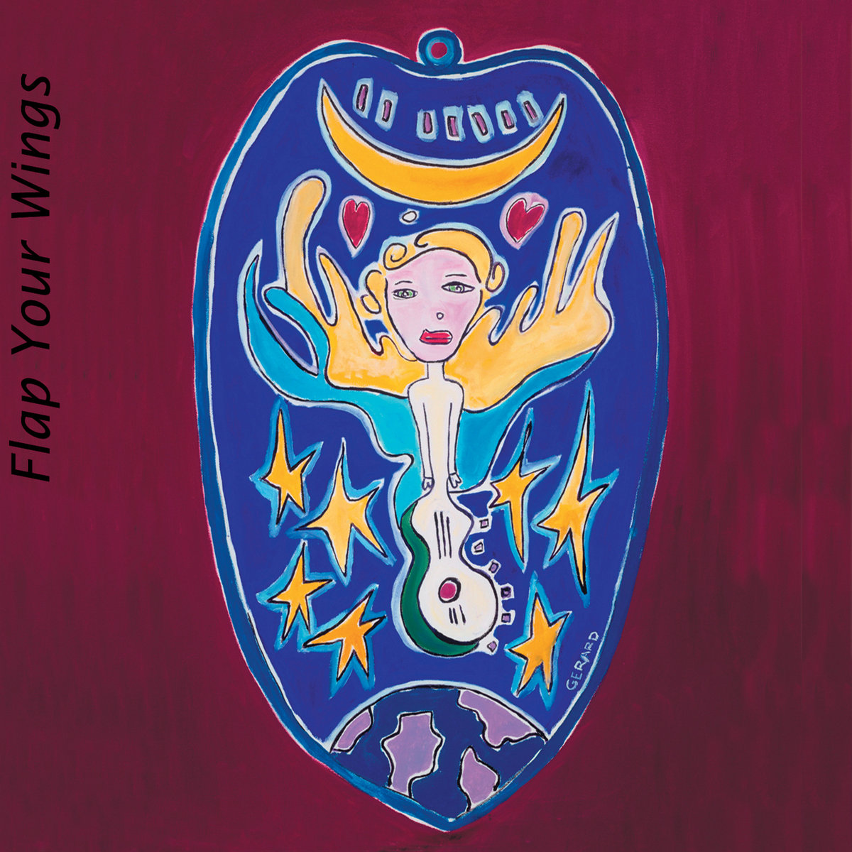 Album Art of The Choir's Flap Your Wings album - On a deep red background, the middle is taken up with a drawing of a roughly circular shape that is somewhat rough, at least drawn by someone not going for any sort of realism; it feels very cartoon-ish. At the bottom, a blue earth with purple land is shown. Above it is a blue sky and stars, and at the top a crescent moon shines down.</body></html>