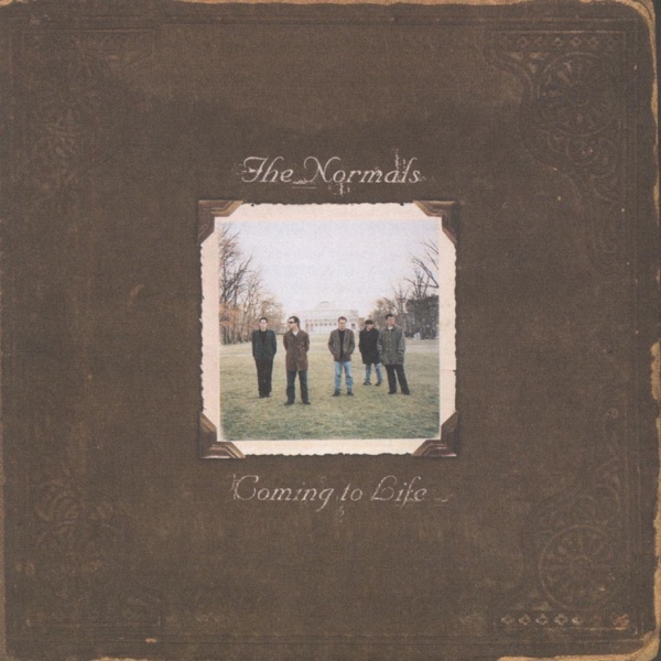 Album Art of The Normals's Coming To Life album - A photo of what looks like a square-shaped, leather bound book cover, with a beautiful leather patina and wear on the edges of the brown cover. In the middle, affixed slightly off-axis from straight, is a photo of 5 men standing in the middle of a large grassy space in front of a classic-looking building in the background. They're standing wearing coats and not really standing right next to each other; more spread apart.</body></html>