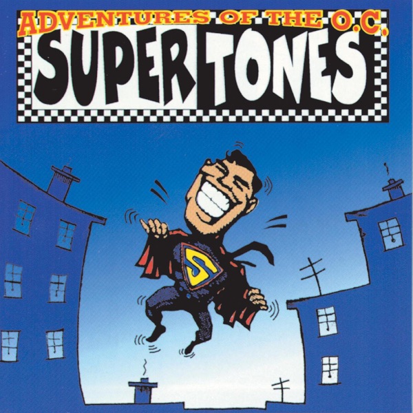 Album Art of The O.C. Supertones's Adventures Of The O.C. Supertones album - A cartoon drawing of a Superman-like figure with a very large, toothy smile and a body smaller than the smile. He's got his cape opened and is showing off a large yellow 'S'. Behind him, a blue-and-white sky gradient with blue buildings along the sides and bottom, for a cityscape feel.</body></html>