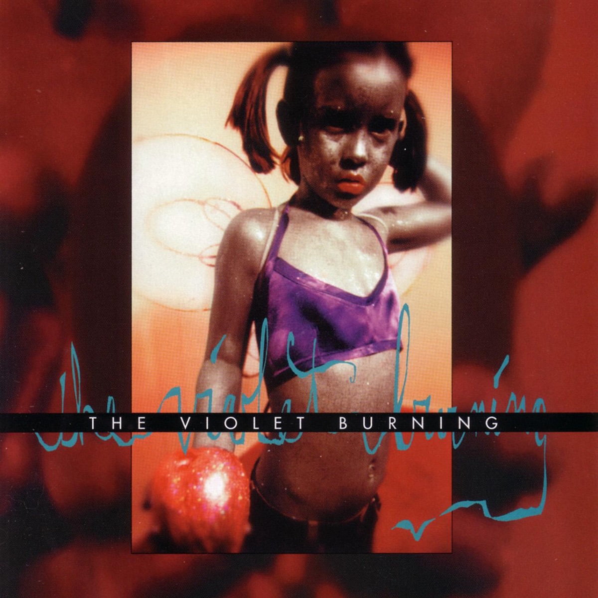 Album Art of The Violet Burning's self-titled album - On a red and black background, a vertical photo of a young girl is in the middle. It's a young black girl wearing pigtails and a purple bathing suit, I think. She's also got what looks like wire and cloth angel wings attached to her back. She's holding a bright red ball in her right hand out towards the camera and has he left hand up behind her head. She's looking down at the camera in a quizzical way.</body></html>