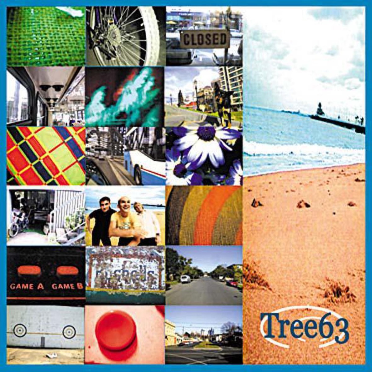 Album Art of Tree63's self-titled album - A collage of photos of various colors and subjects. On the right, a tall, slender photo of a beach and the sea above it, with some dock or land on the horizon beyond and cloudy sky above. On the left, three columns of smaller images in 6 rows, one of which is a picture of the band, but other pictures of a video game controller, a bike tire, a flower, an interior of a bus, a few different streets, and a wall with geometric painting on it, among other things. At the bottom of the big photo on the right, it has the band's name printed in blue with white circles behind it.