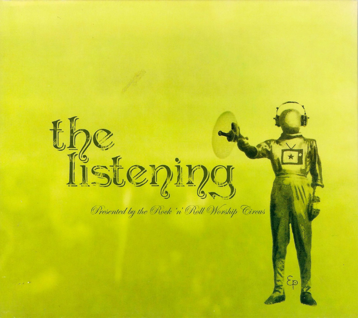 Album Art of The Rock 'n' Roll Worship Circus's The Listening EP - On a hazy green background, a black graphic of a man in a space suit holding a device with a dish on one end like some sort of radio in his right hand and wearing a round space helmet over his head with headphones on top of that. On his chest is printed a TV icon with a star in the TV screen area.</body></html>